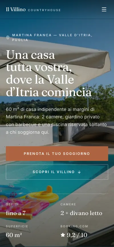 Il sito del Villino sul telefono, con ospiti, camere e punteggio Booking in vista